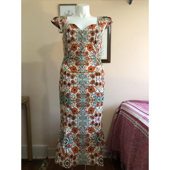 Anthropologie Dresses & Skirts - NWT Anthropologie Orange Floral Maxi Bodycon Dress Cap Sleeve Large Fishtail